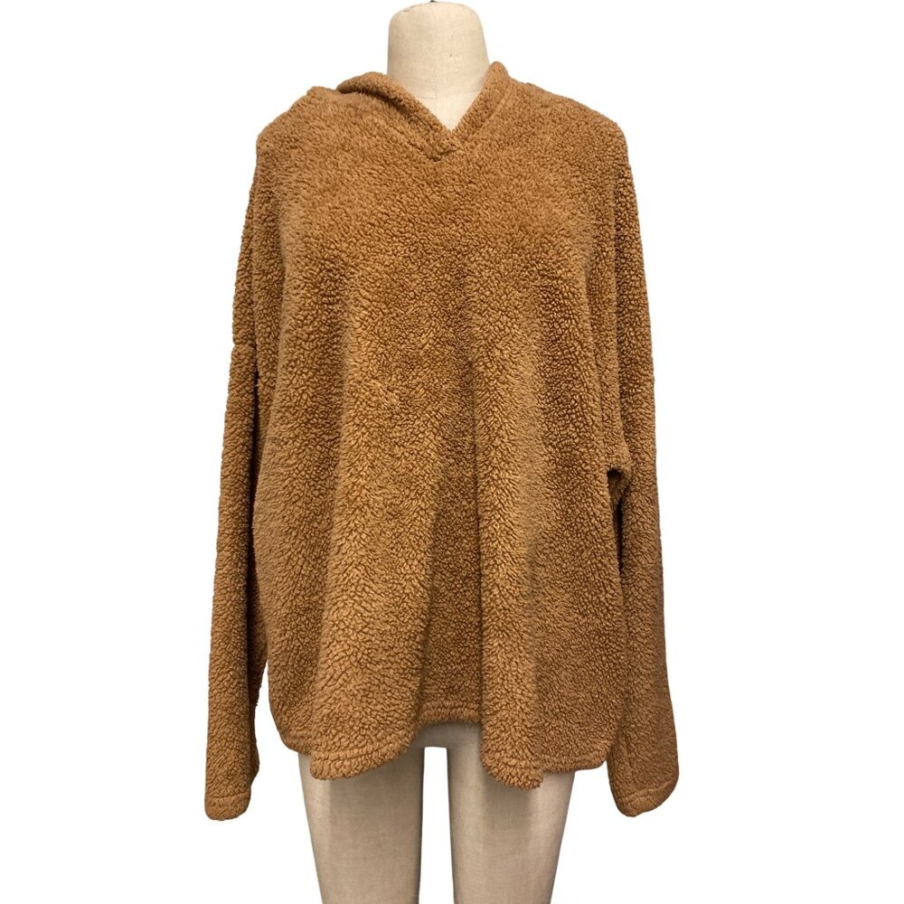 Shein Womens Teddy Hoodie L Cozy Brown Polyester Soft Warm Pullover Long Sleeve